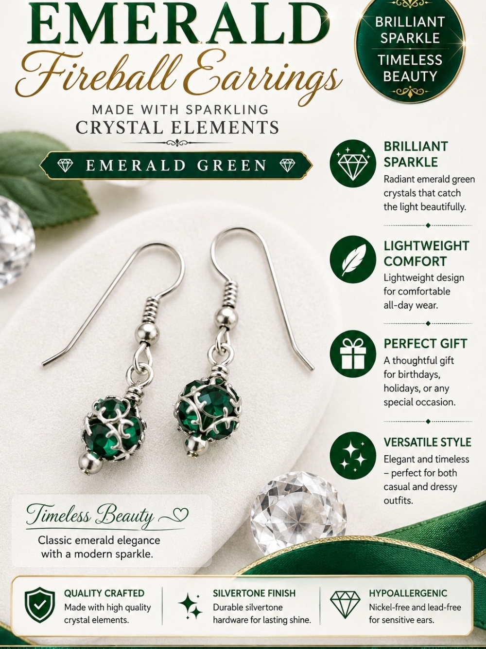 Emerald Fireball Earrings - Emerald Green Crystal Drop